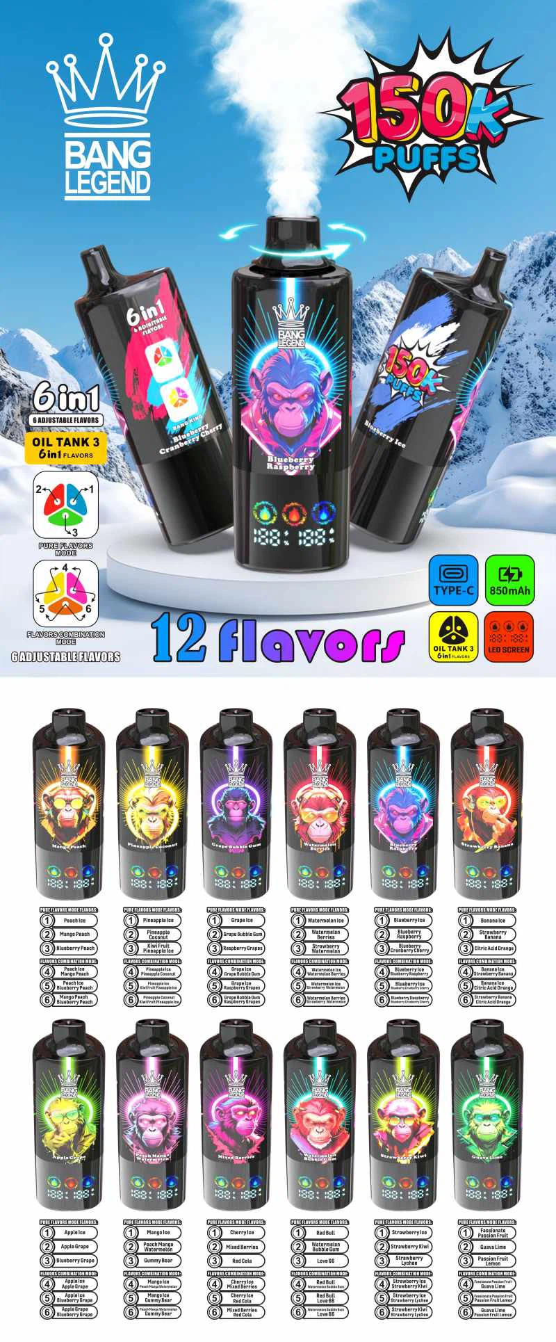 BANG LEGEND 150K Šlukov 6v1 – jednorazový vape so 6 chutami, LED displejom a senzorom odtlačkov prstov