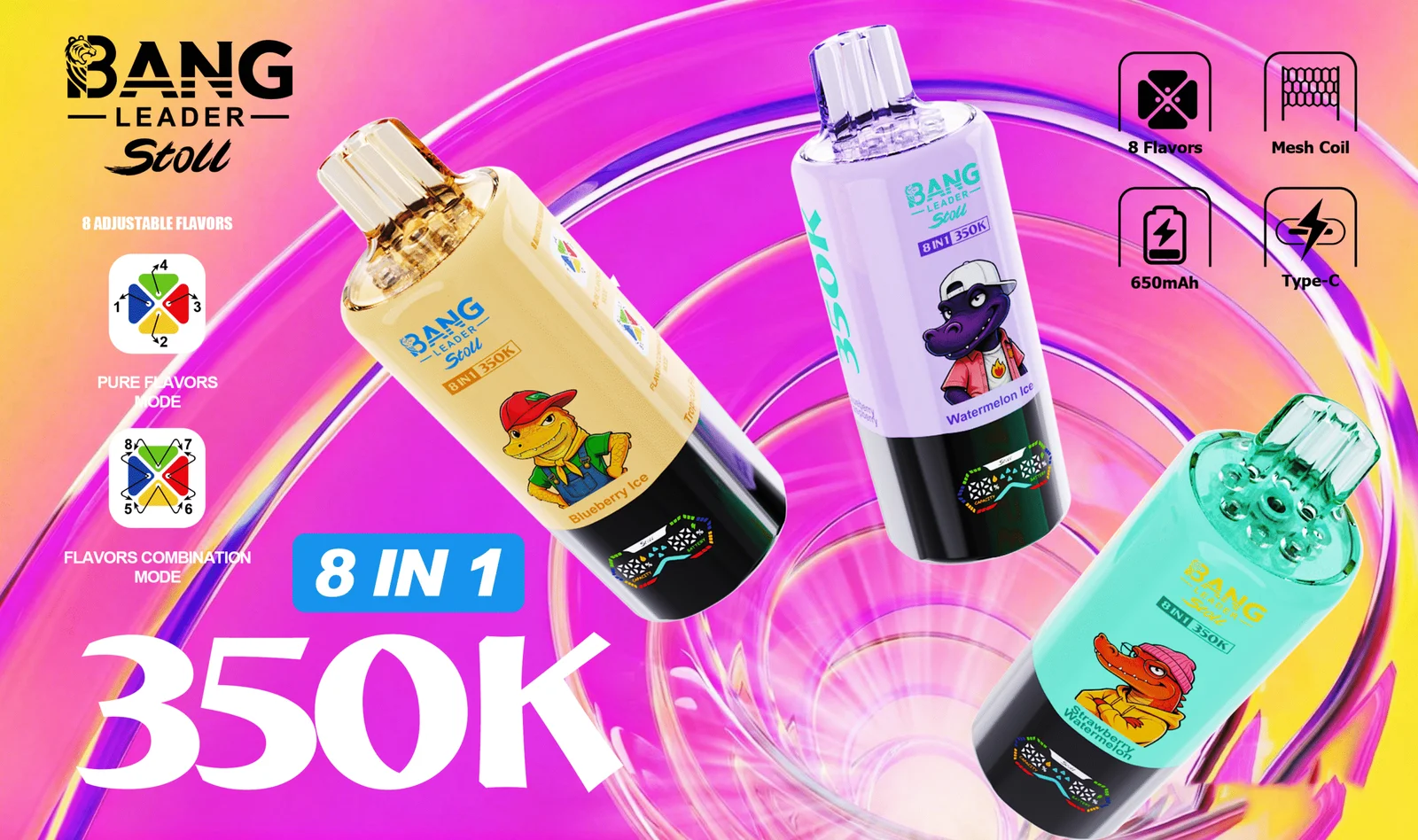 Bang Leader Stoll 350K Šlukov 8in1 – jednorazový vape s 8 príchuťami, 350 000 ťahmi a obrazovkovým displejom
